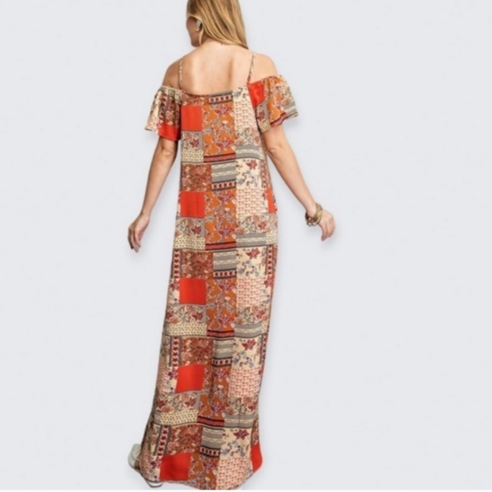 Easel Patchwork Design Cold Shoulder Button Down … - image 3